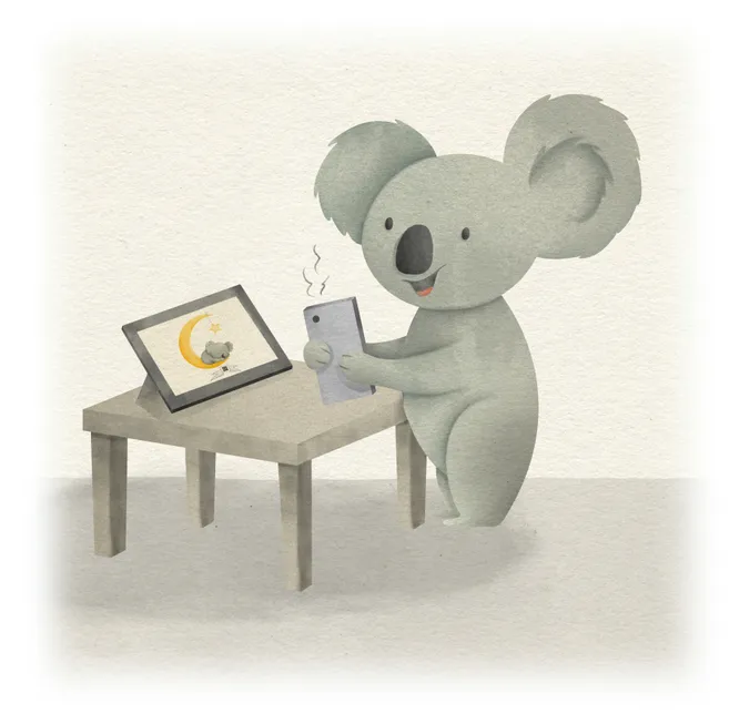 Sound Souvenir's koala mascot holding a phone and looking at a tablet