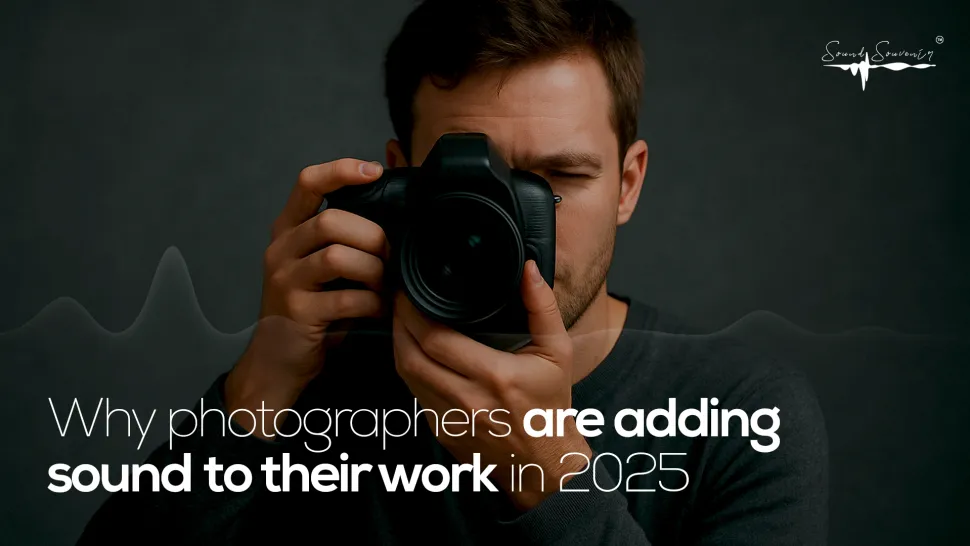 Photographer holding a camera and an audio waveform subtly layered in the background title overlay: Why photographers are adding sound to their work in 2025”
